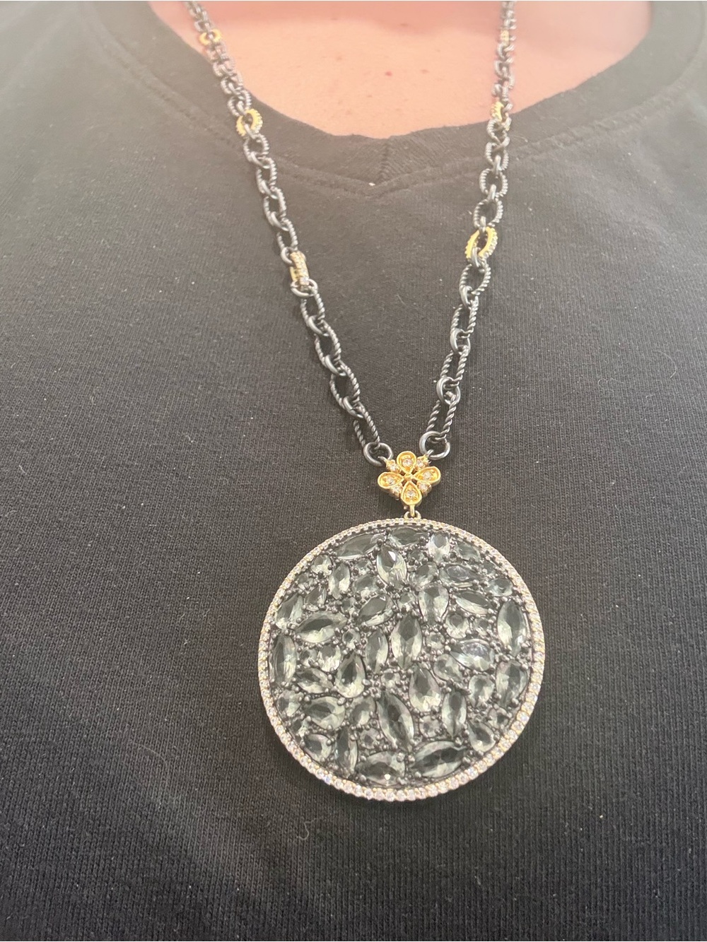 Freida Rothman Long 32” Drop Round Pendant Necklace - Gunmetal & Gold - Picture 3 of 4